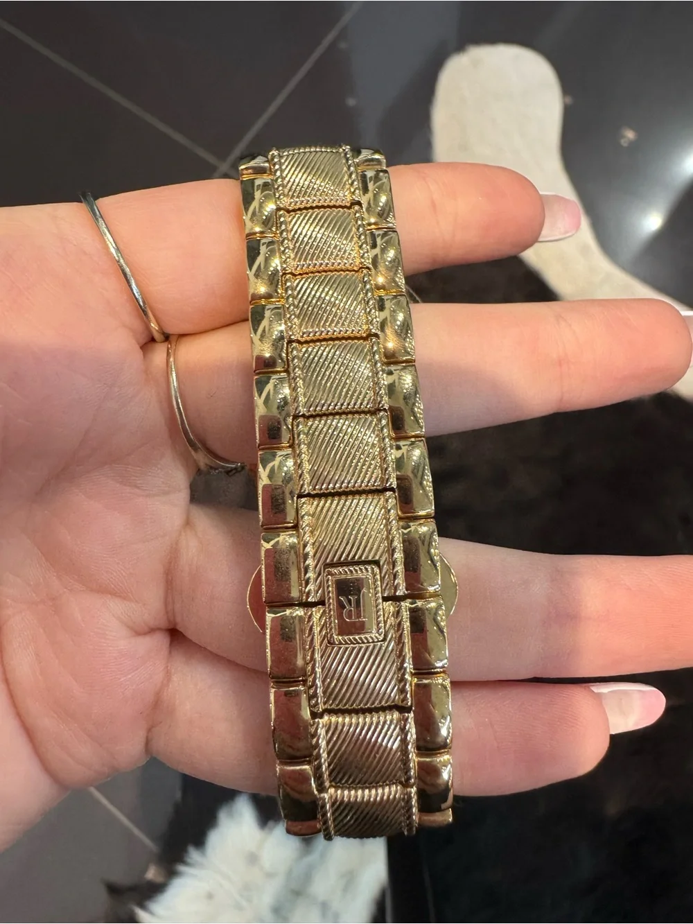 New Judith Ripka Gold Tone Chronograph Watch Textured Link Bracelet